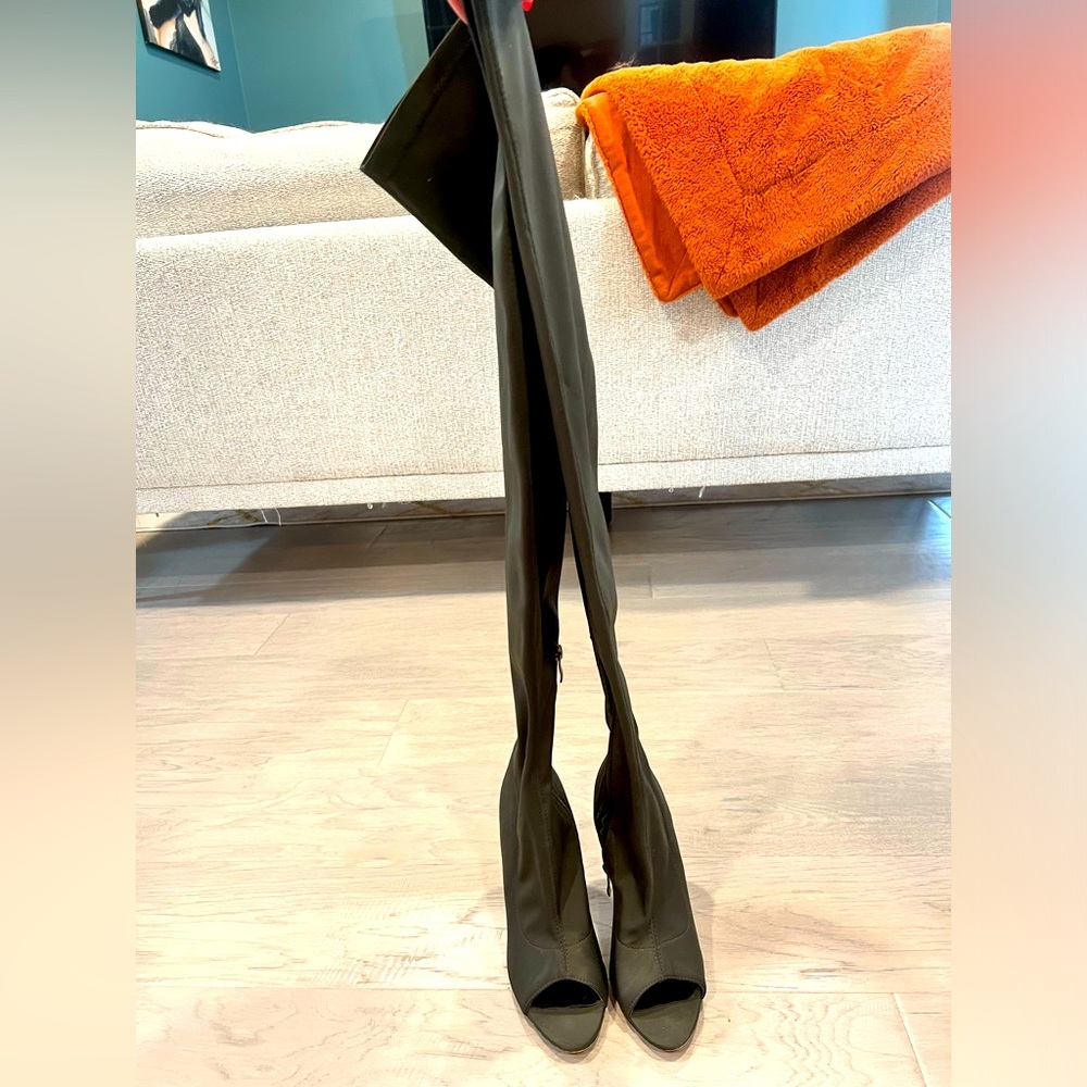 Green Thigh High, Open Toe Boots, size 37